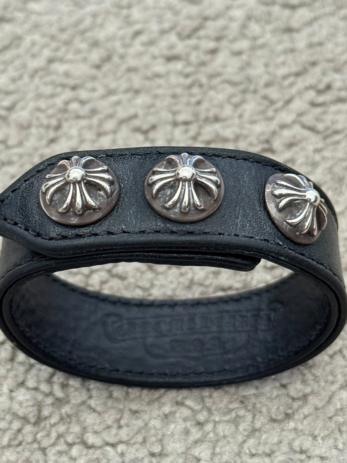 Chrome Hearts 3 Silver Cross Snap Button Black Leather Bracelet
