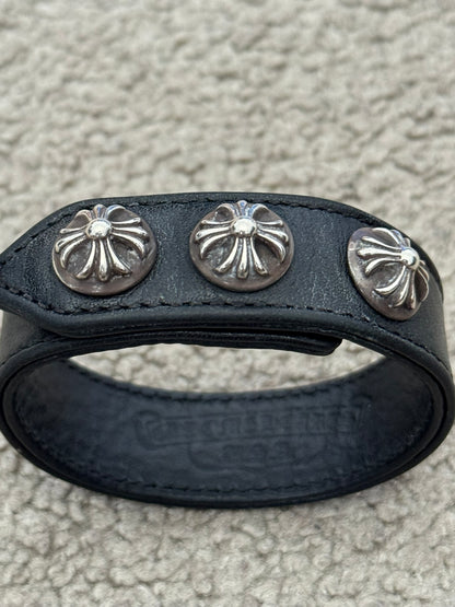 Chrome Hearts 3 Silver Cross Snap Button Black Leather Bracelet