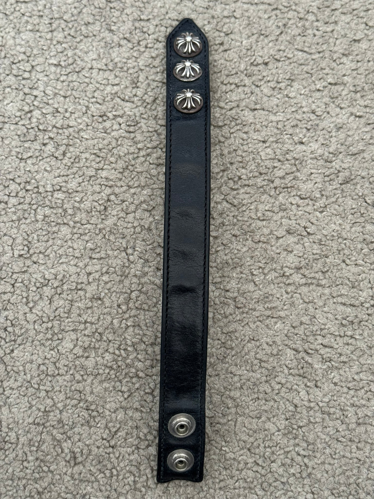 Chrome Hearts 3 Silver Cross Snap Button Black Leather Bracelet