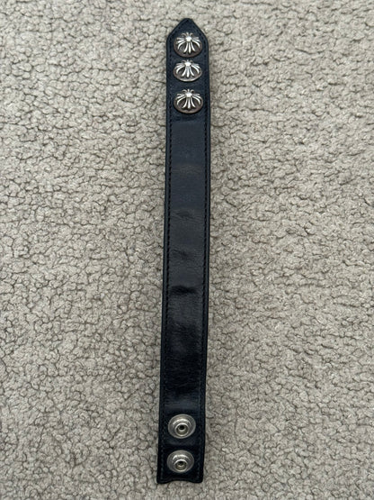 Chrome Hearts 3 Silver Cross Snap Button Black Leather Bracelet