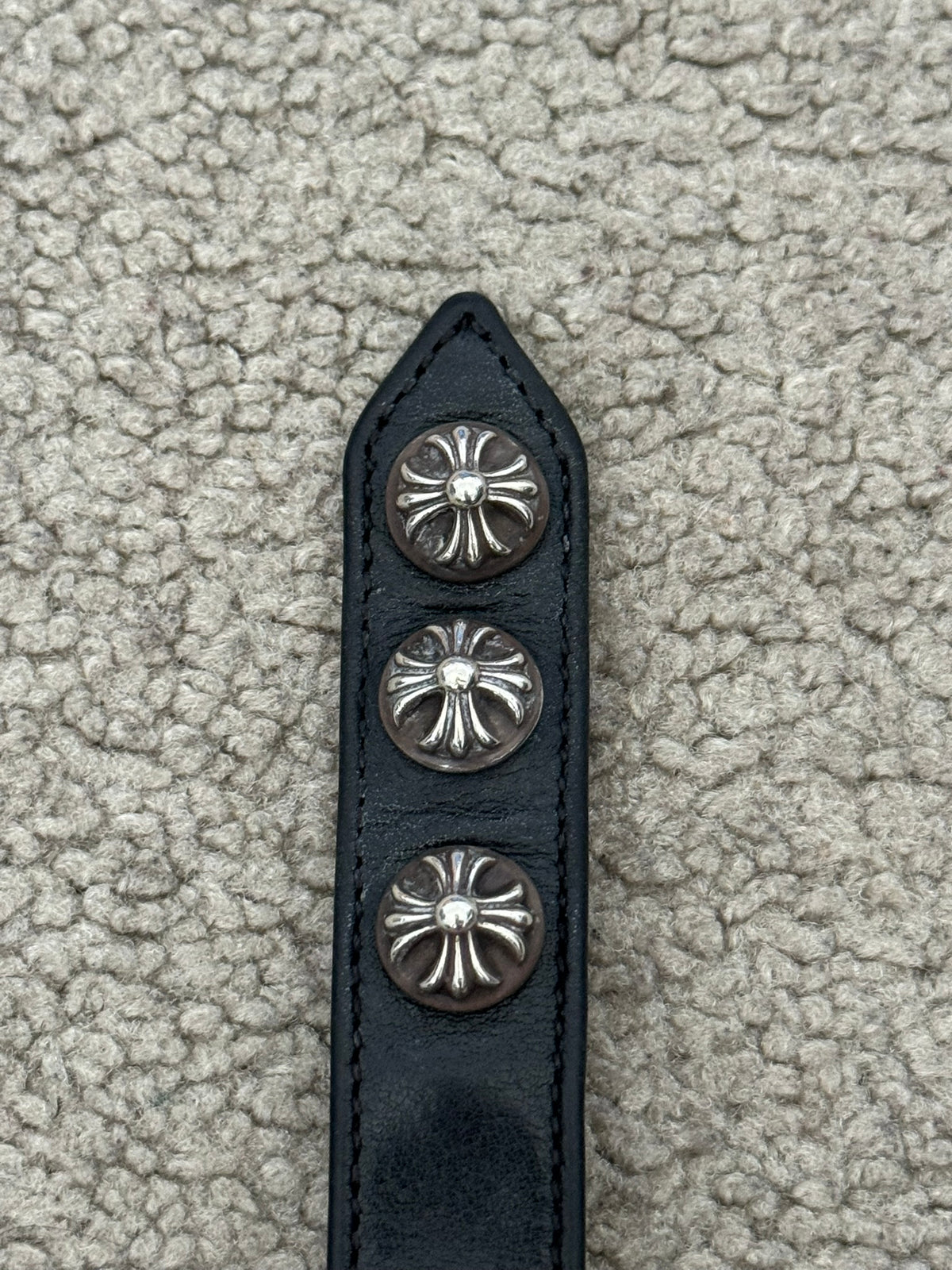 Chrome Hearts 3 Silver Cross Snap Button Black Leather Bracelet