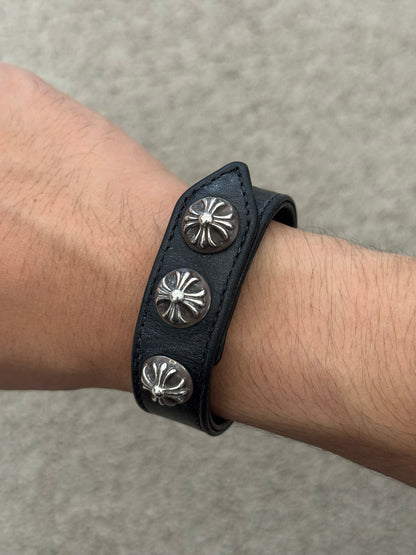Chrome Hearts 3 Silver Cross Snap Button Black Leather Bracelet
