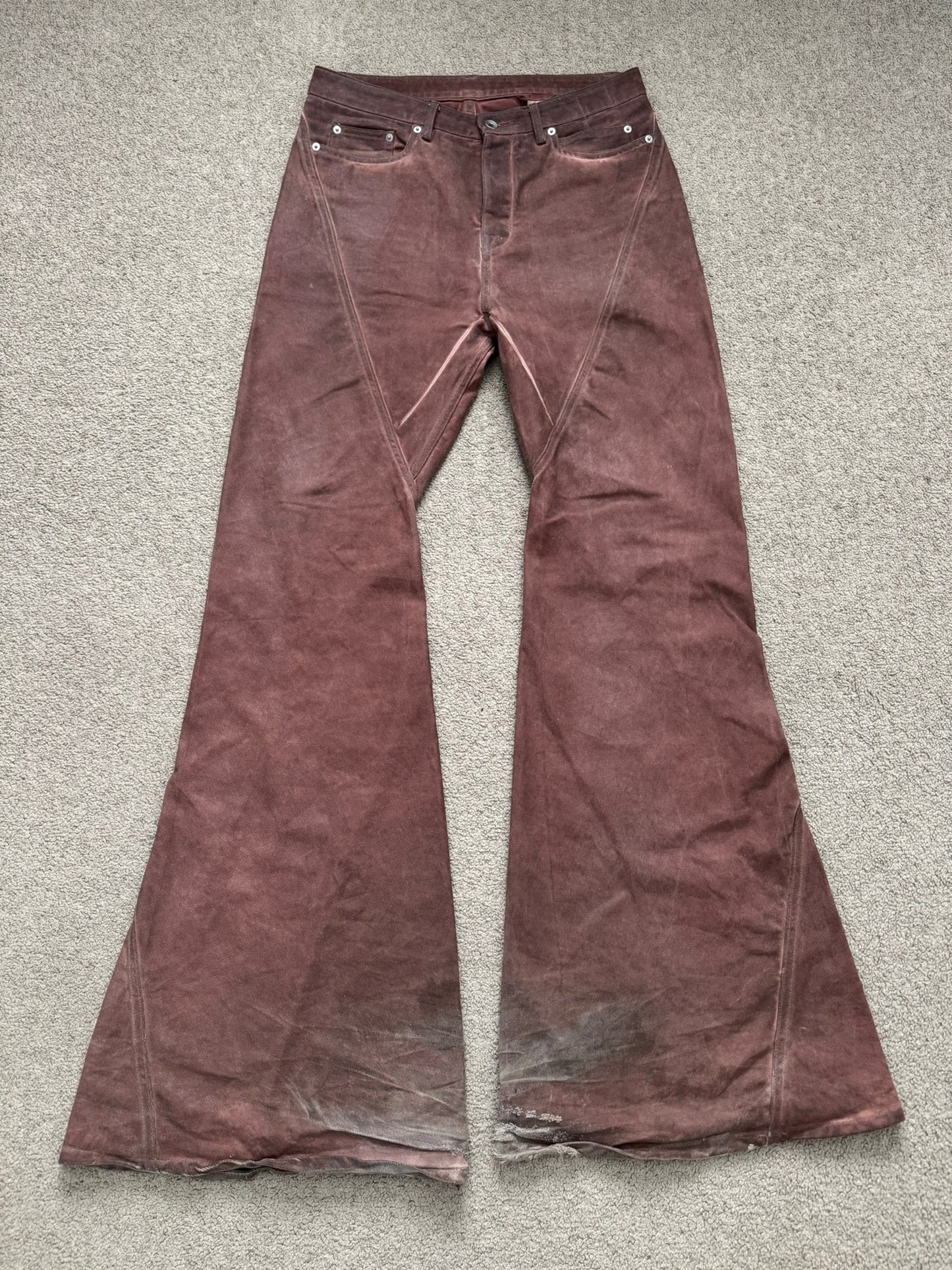 FW24 Rick Owens DRKSHDW Terracotta Waxed Bias Bootcut Denim Jeans