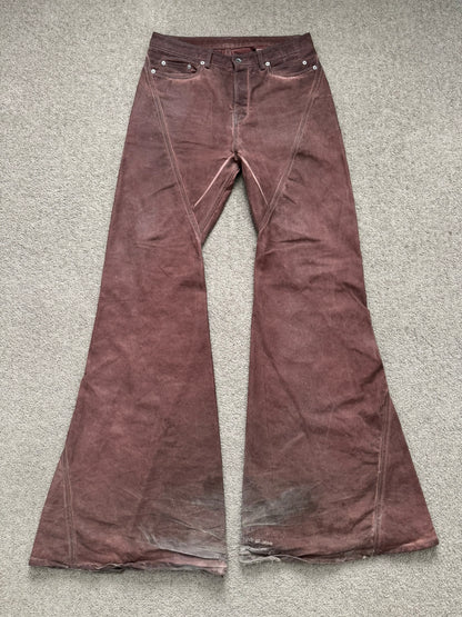 FW24 Rick Owens DRKSHDW Terracotta Waxed Bias Bootcut Denim Jeans