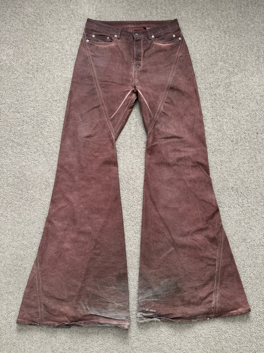 FW24 Rick Owens DRKSHDW Terracotta Waxed Bias Bootcut Denim Jeans