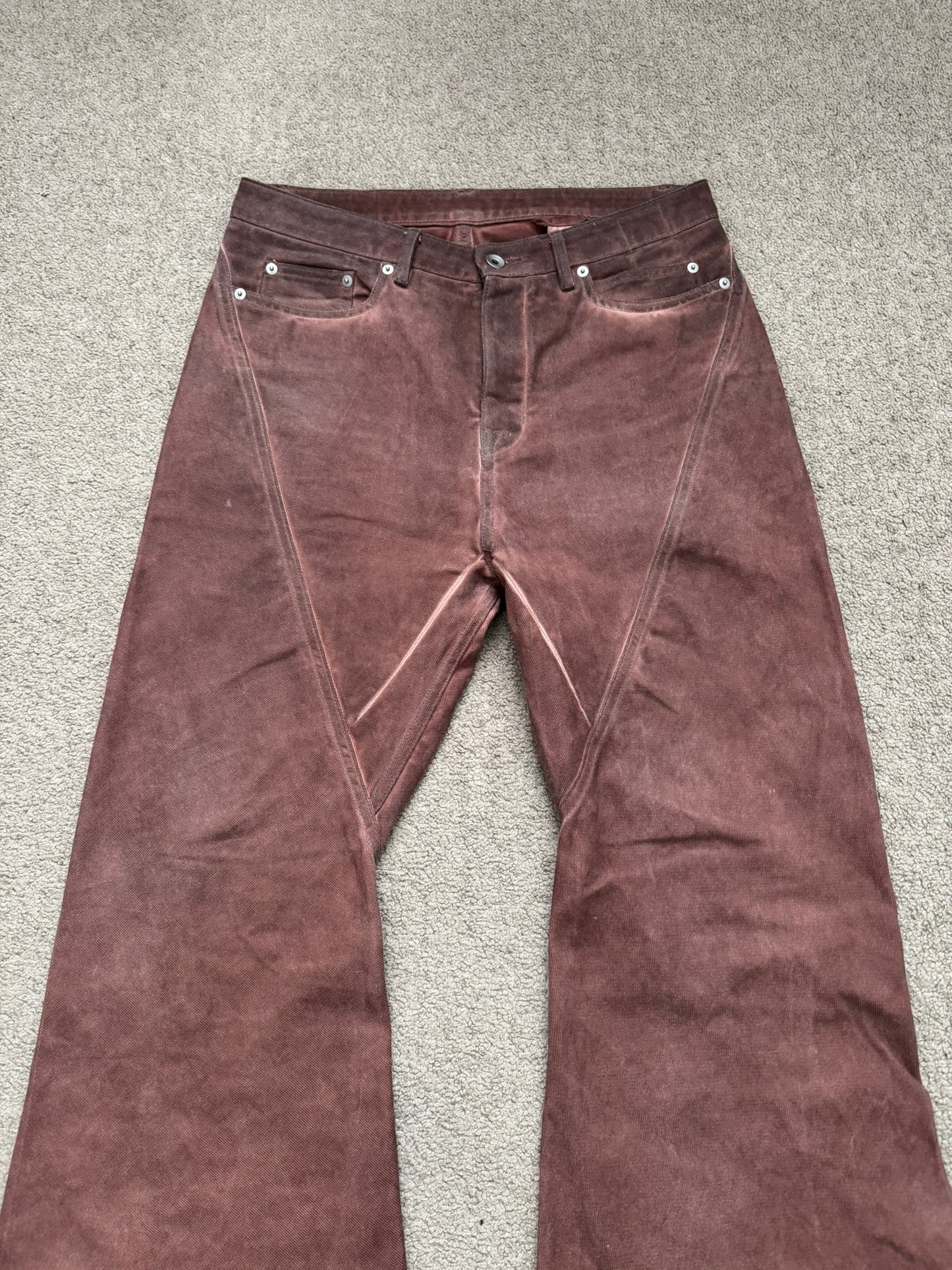 FW24 Rick Owens DRKSHDW Terracotta Waxed Bias Bootcut Denim Jeans