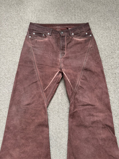 FW24 Rick Owens DRKSHDW Terracotta Waxed Bias Bootcut Denim Jeans