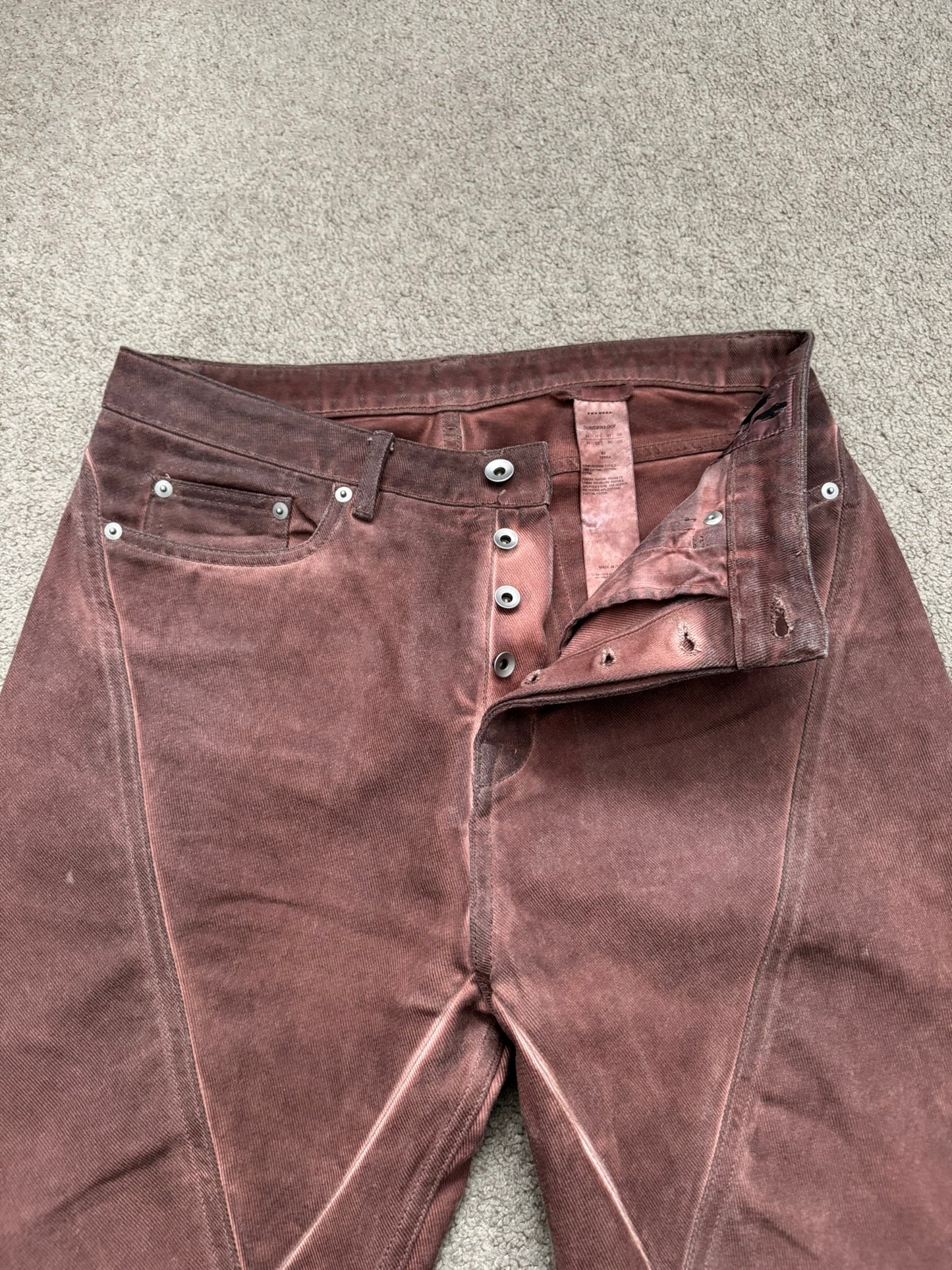 FW24 Rick Owens DRKSHDW Terracotta Waxed Bias Bootcut Denim Jeans