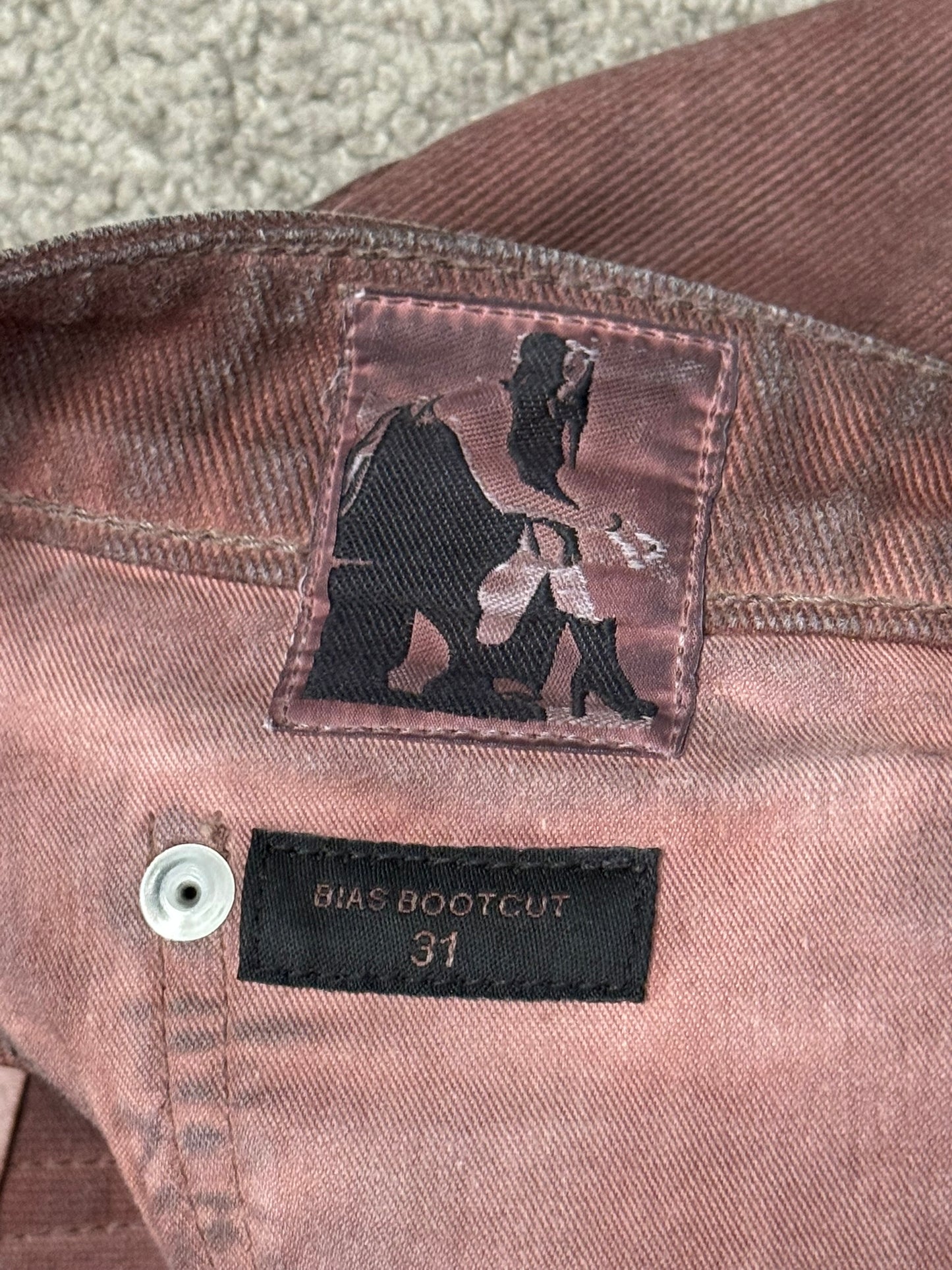 FW24 Rick Owens DRKSHDW Terracotta Waxed Bias Bootcut Denim Jeans