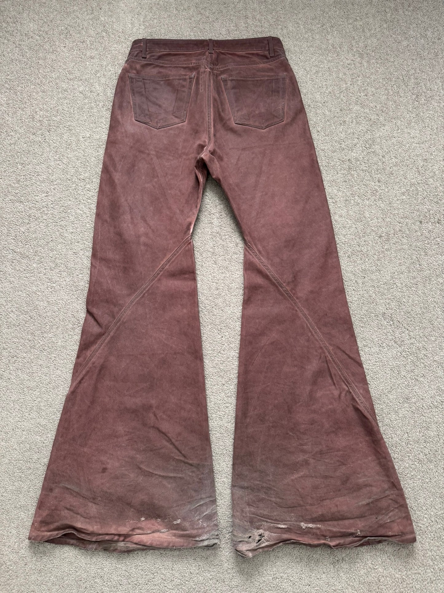 FW24 Rick Owens DRKSHDW Terracotta Waxed Bias Bootcut Denim Jeans