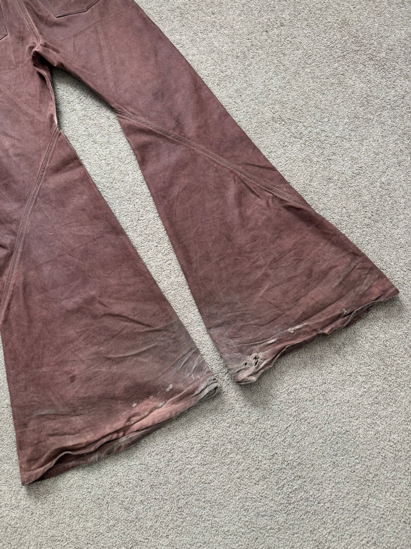 FW24 Rick Owens DRKSHDW Terracotta Waxed Bias Bootcut Denim Jeans