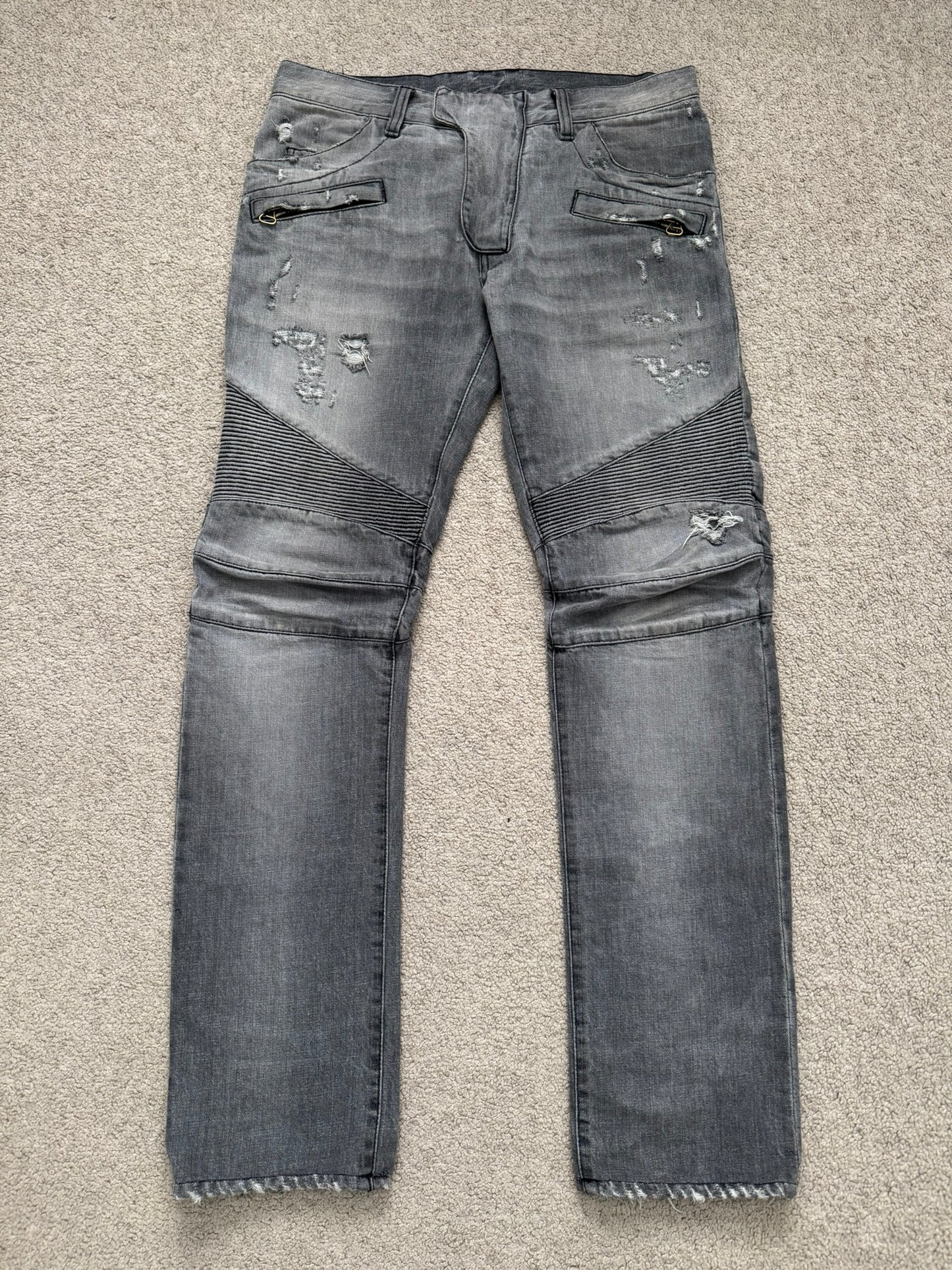 FW10 Balmain by Christophe Decarnin Grey Distressed Zip Biker Denim Jeans