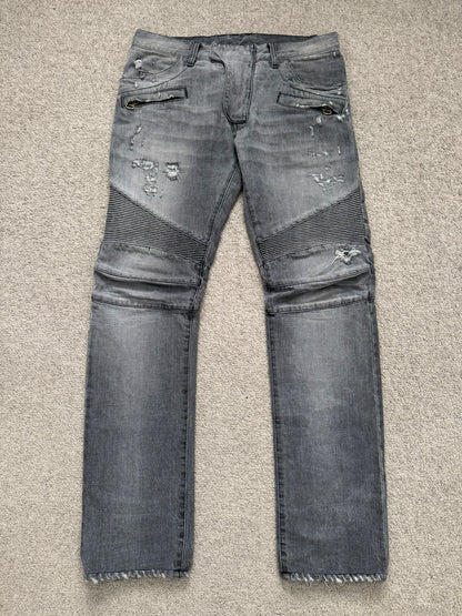 FW10 Balmain by Christophe Decarnin Grey Distressed Zip Biker Denim Jeans