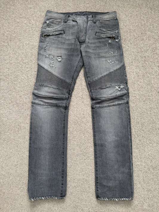 FW10 Balmain by Christophe Decarnin Grey Distressed Zip Biker Denim Jeans
