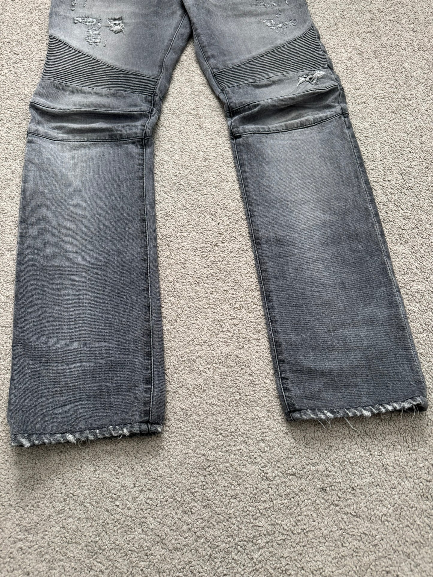 FW10 Balmain by Christophe Decarnin Grey Distressed Zip Biker Denim Jeans