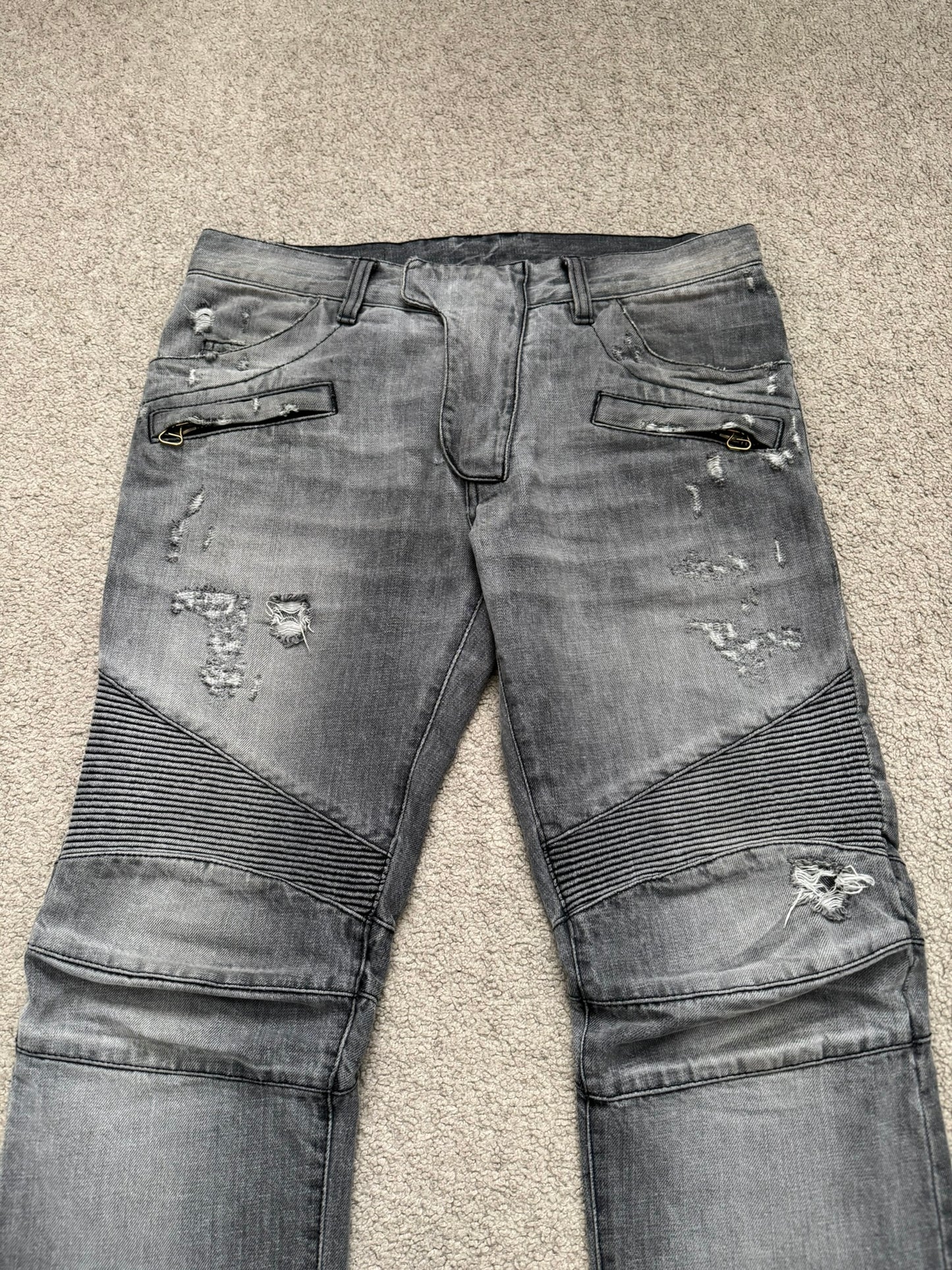 FW10 Balmain by Christophe Decarnin Grey Distressed Zip Biker Denim Jeans