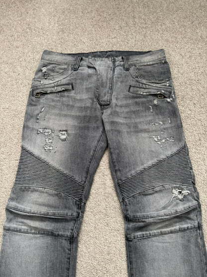 FW10 Balmain by Christophe Decarnin Grey Distressed Zip Biker Denim Jeans