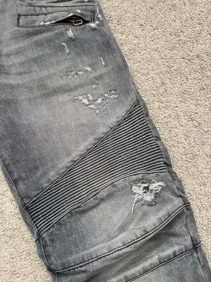 FW10 Balmain by Christophe Decarnin Grey Distressed Zip Biker Denim Jeans