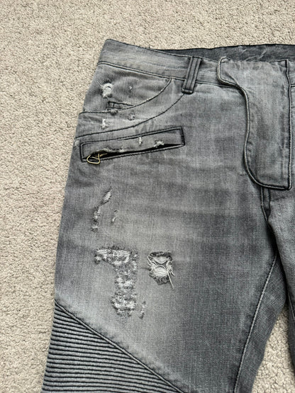 FW10 Balmain by Christophe Decarnin Grey Distressed Zip Biker Denim Jeans