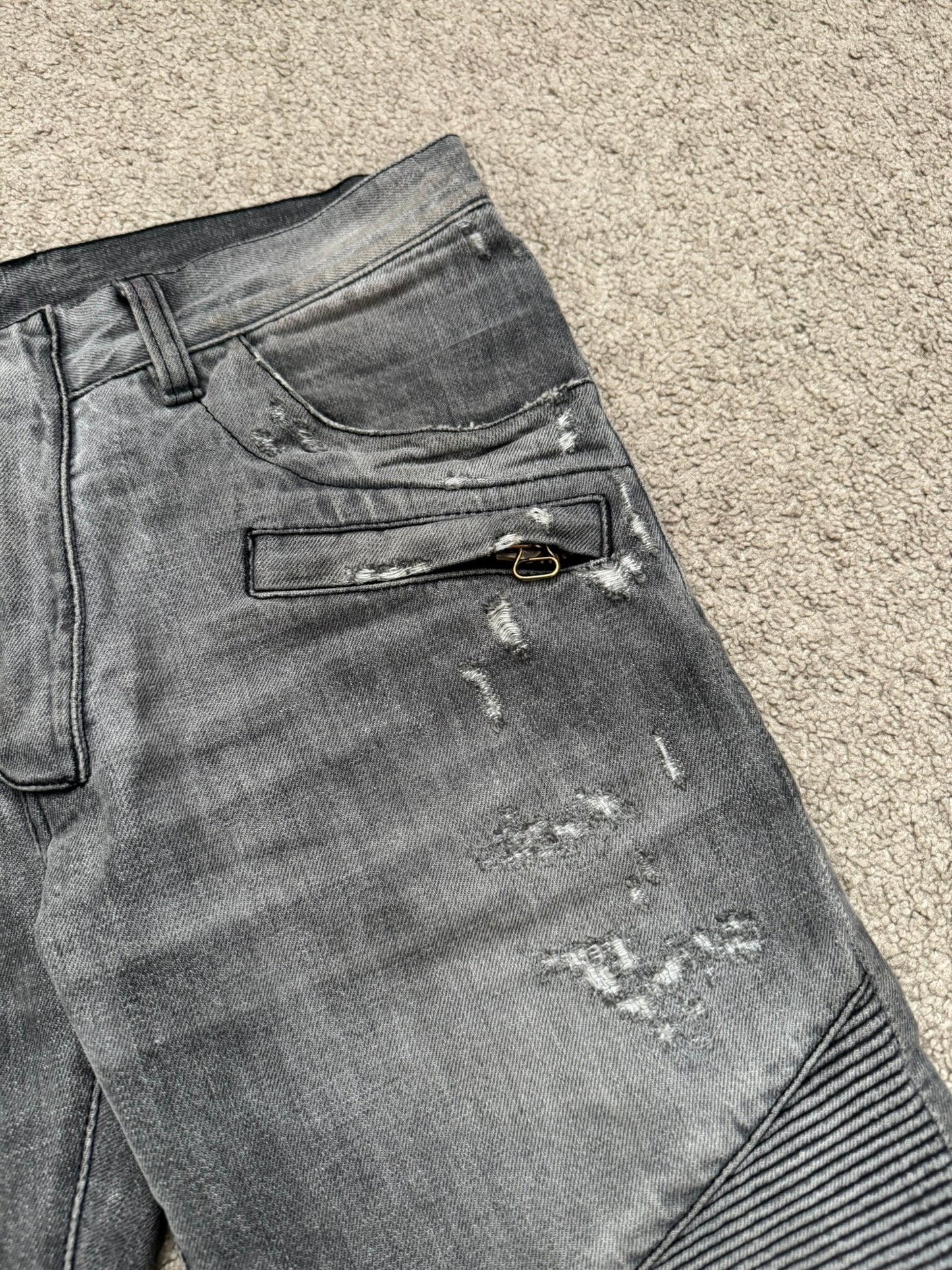 FW10 Balmain by Christophe Decarnin Grey Distressed Zip Biker Denim Jeans