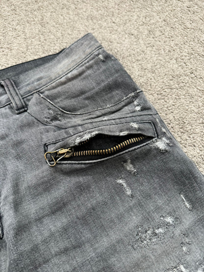 FW10 Balmain by Christophe Decarnin Grey Distressed Zip Biker Denim Jeans
