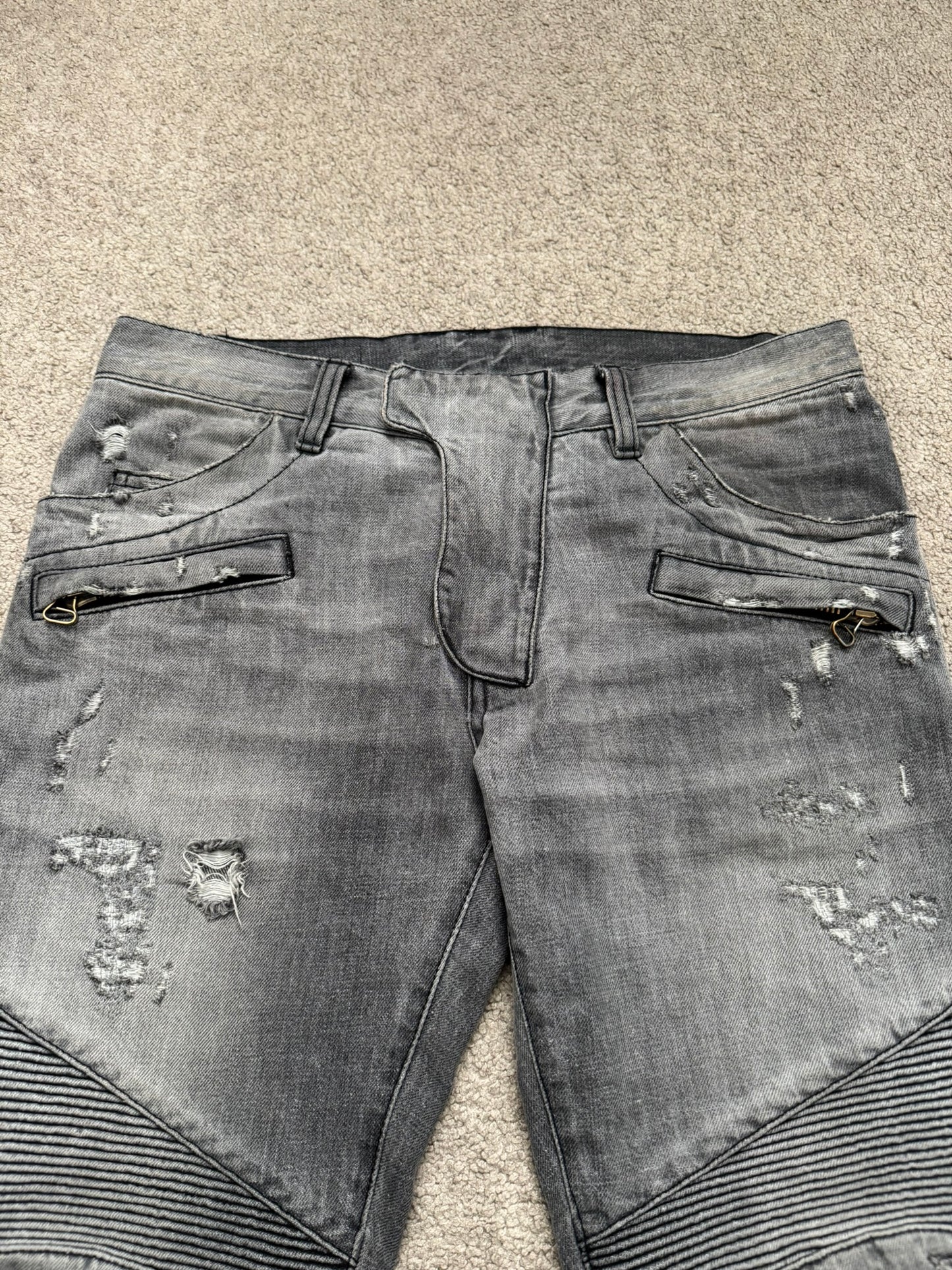 FW10 Balmain by Christophe Decarnin Grey Distressed Zip Biker Denim Jeans