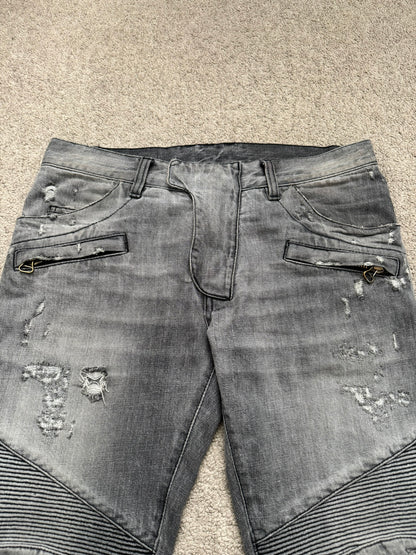 FW10 Balmain by Christophe Decarnin Grey Distressed Zip Biker Denim Jeans