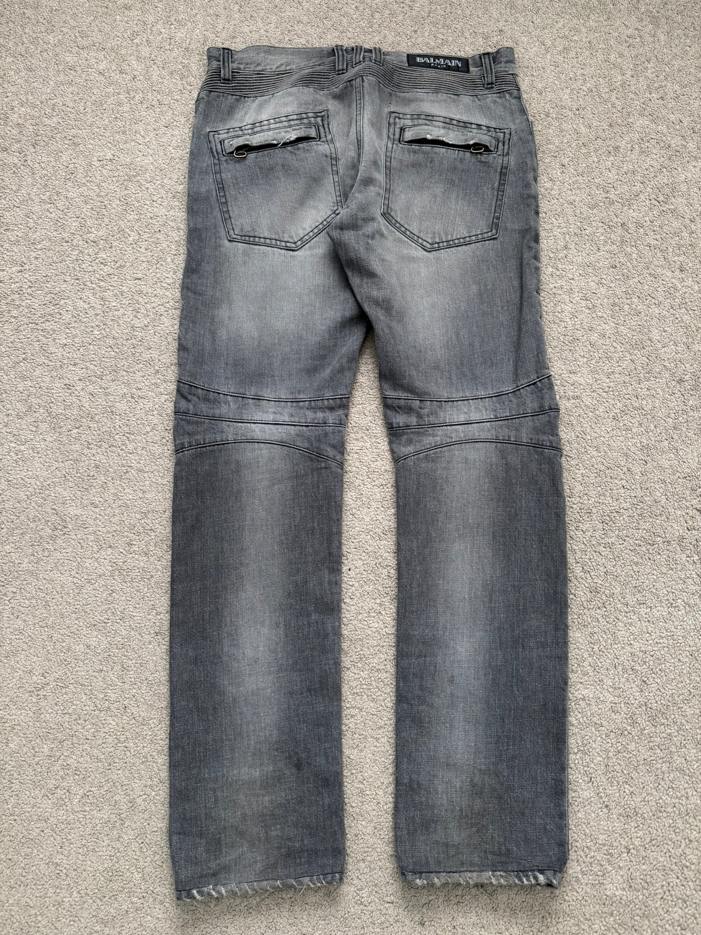FW10 Balmain by Christophe Decarnin Grey Distressed Zip Biker Denim Jeans
