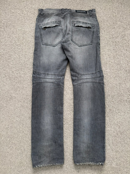 FW10 Balmain by Christophe Decarnin Grey Distressed Zip Biker Denim Jeans
