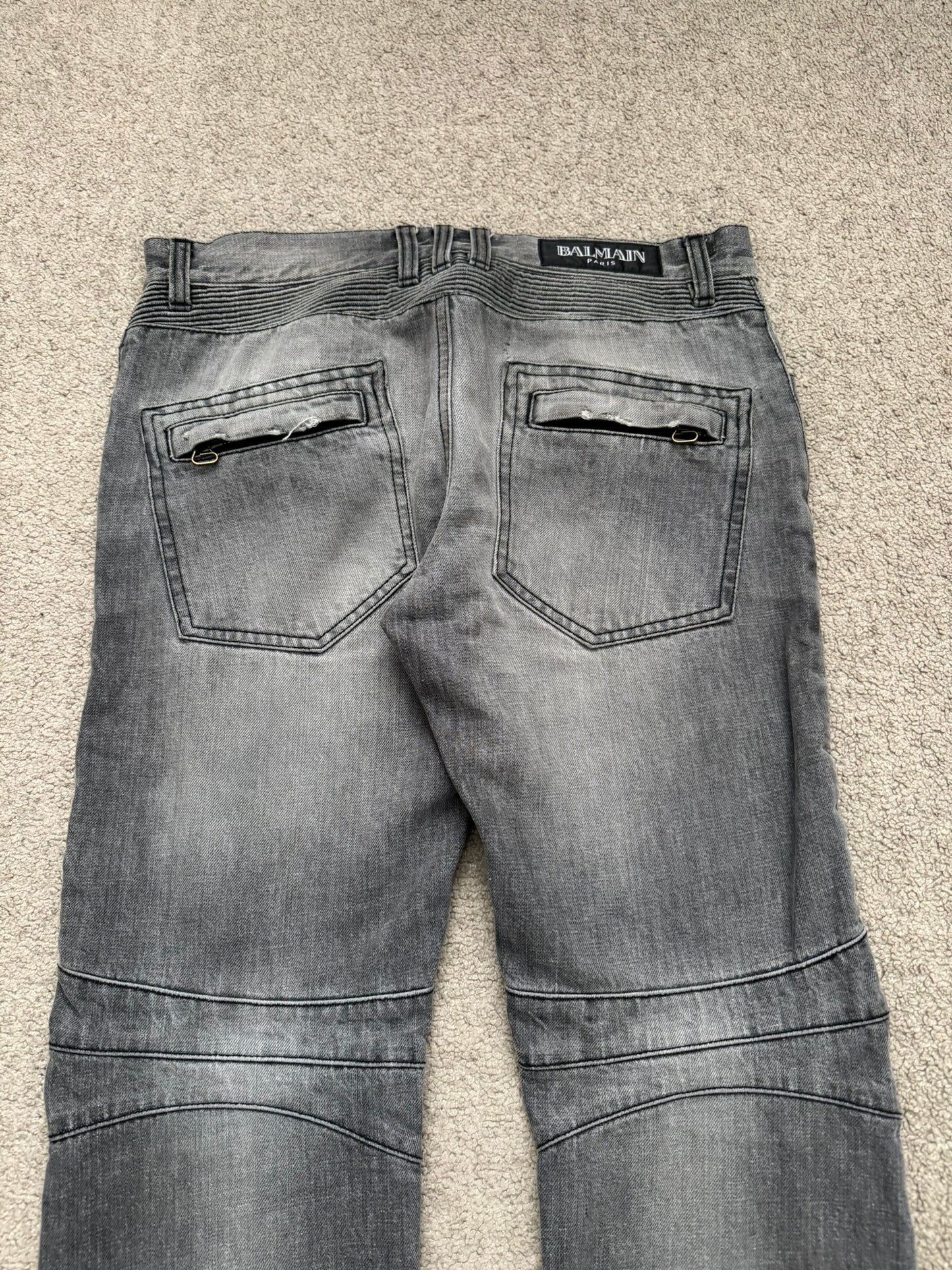 FW10 Balmain by Christophe Decarnin Grey Distressed Zip Biker Denim Jeans