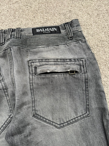 FW10 Balmain by Christophe Decarnin Grey Distressed Zip Biker Denim Jeans