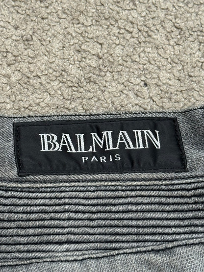 FW10 Balmain by Christophe Decarnin Grey Distressed Zip Biker Denim Jeans