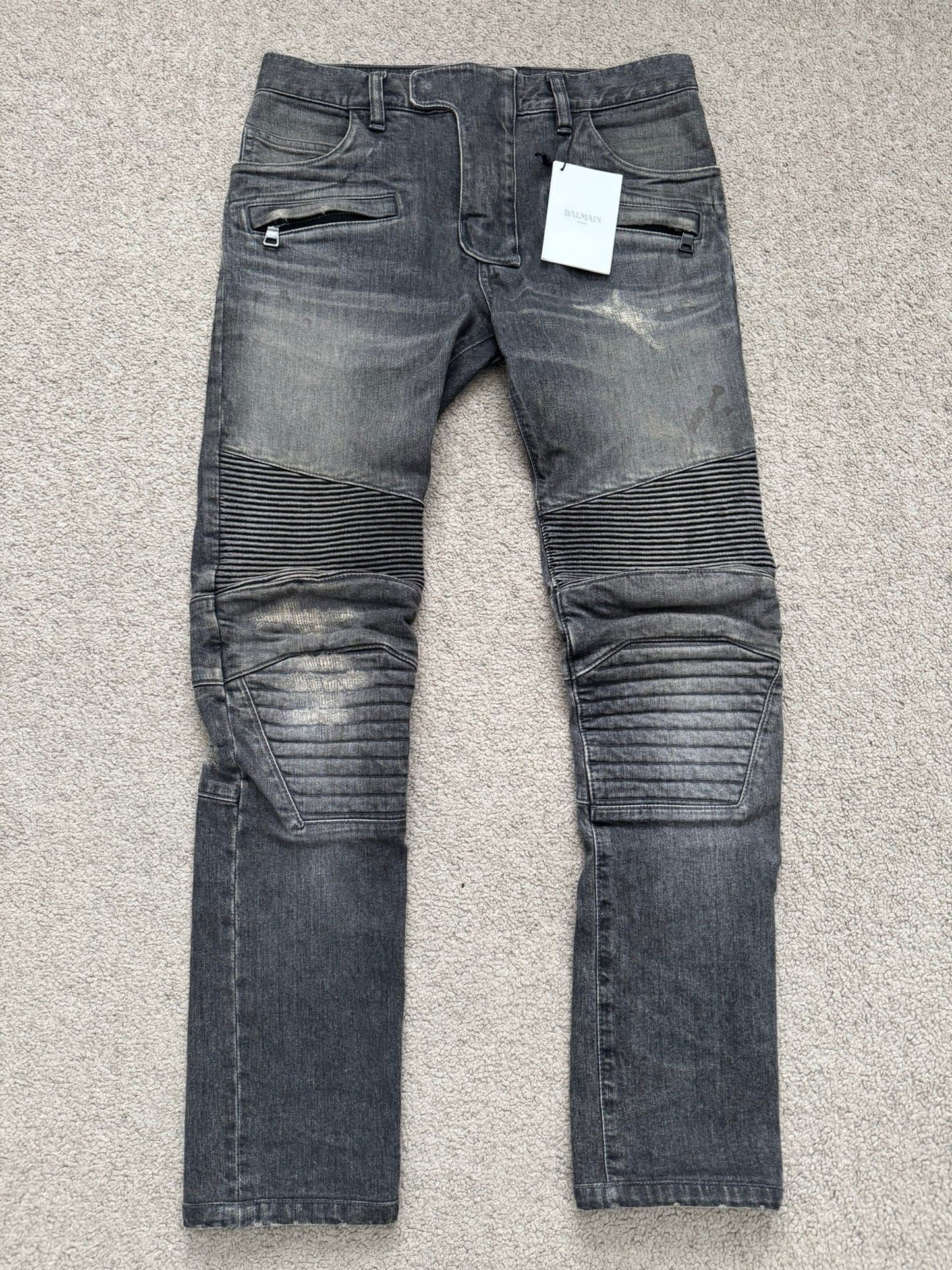 FW14 Balmain by Olivier Rousteing Padded Grey Zip Biker Denim Jeans