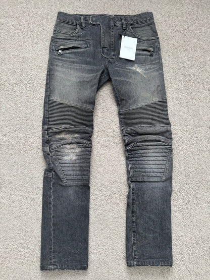 FW14 Balmain by Olivier Rousteing Padded Grey Zip Biker Denim Jeans