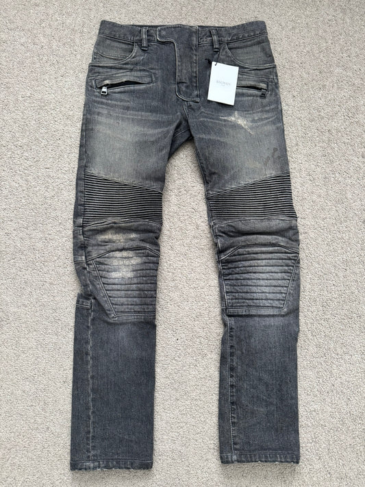 FW14 Balmain by Olivier Rousteing Padded Grey Zip Biker Denim Jeans