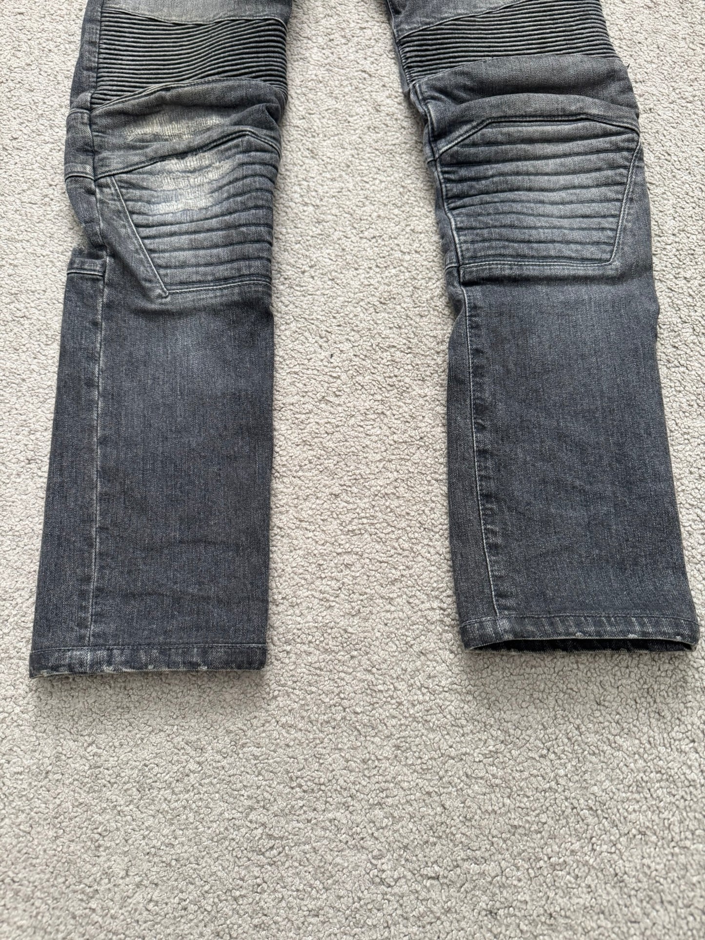 FW14 Balmain by Olivier Rousteing Padded Grey Zip Biker Denim Jeans
