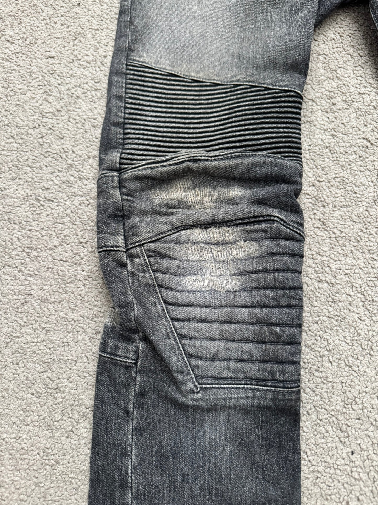 FW14 Balmain by Olivier Rousteing Padded Grey Zip Biker Denim Jeans