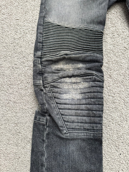 FW14 Balmain by Olivier Rousteing Padded Grey Zip Biker Denim Jeans