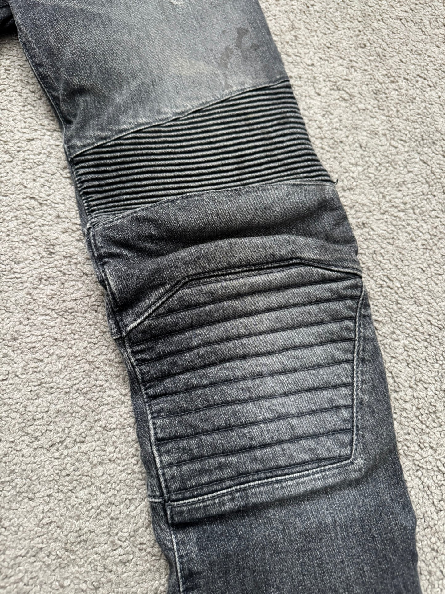 FW14 Balmain by Olivier Rousteing Padded Grey Zip Biker Denim Jeans