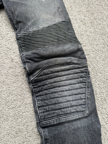 FW14 Balmain by Olivier Rousteing Padded Grey Zip Biker Denim Jeans