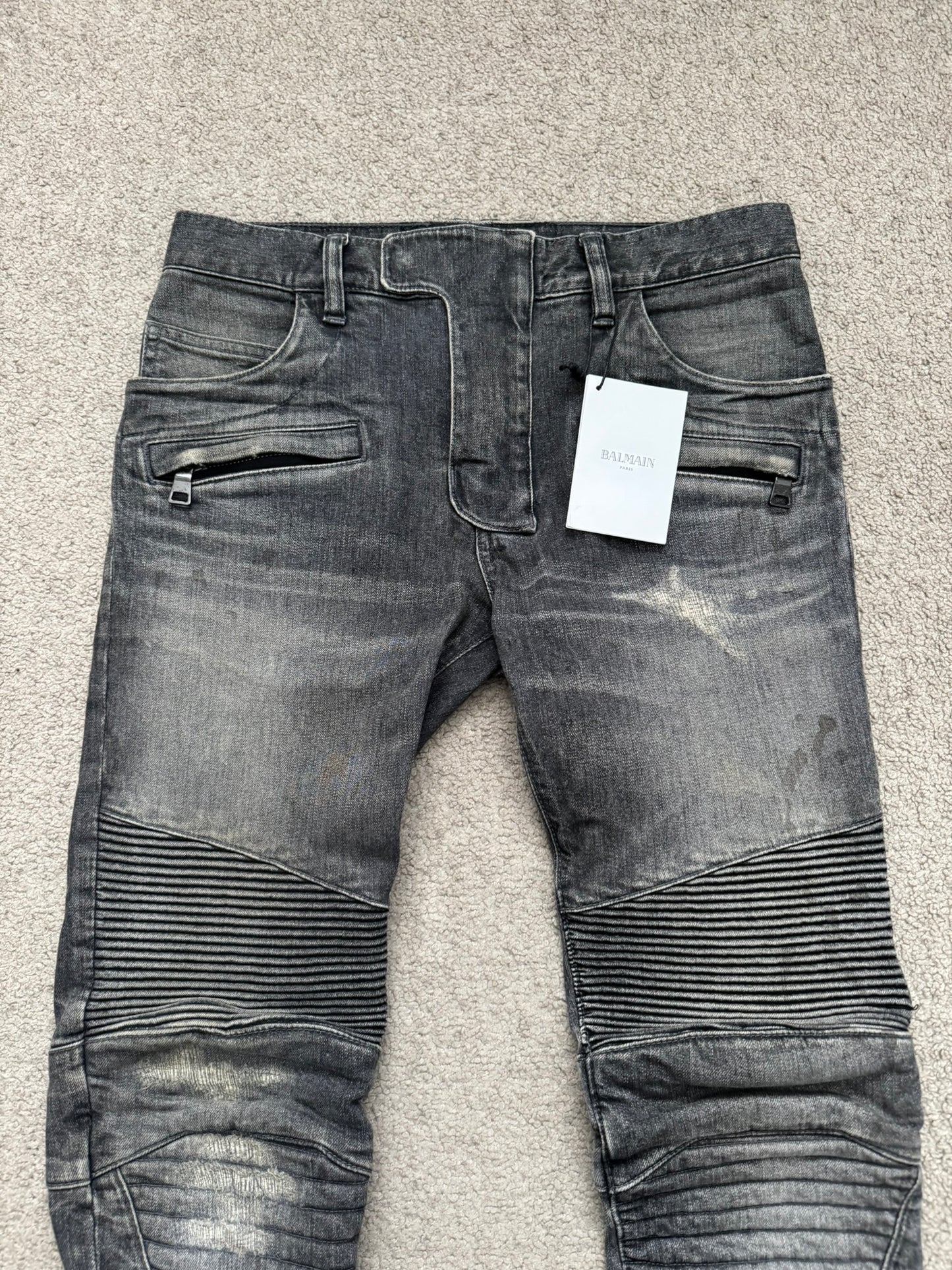 FW14 Balmain by Olivier Rousteing Padded Grey Zip Biker Denim Jeans