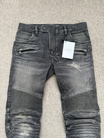FW14 Balmain by Olivier Rousteing Padded Grey Zip Biker Denim Jeans