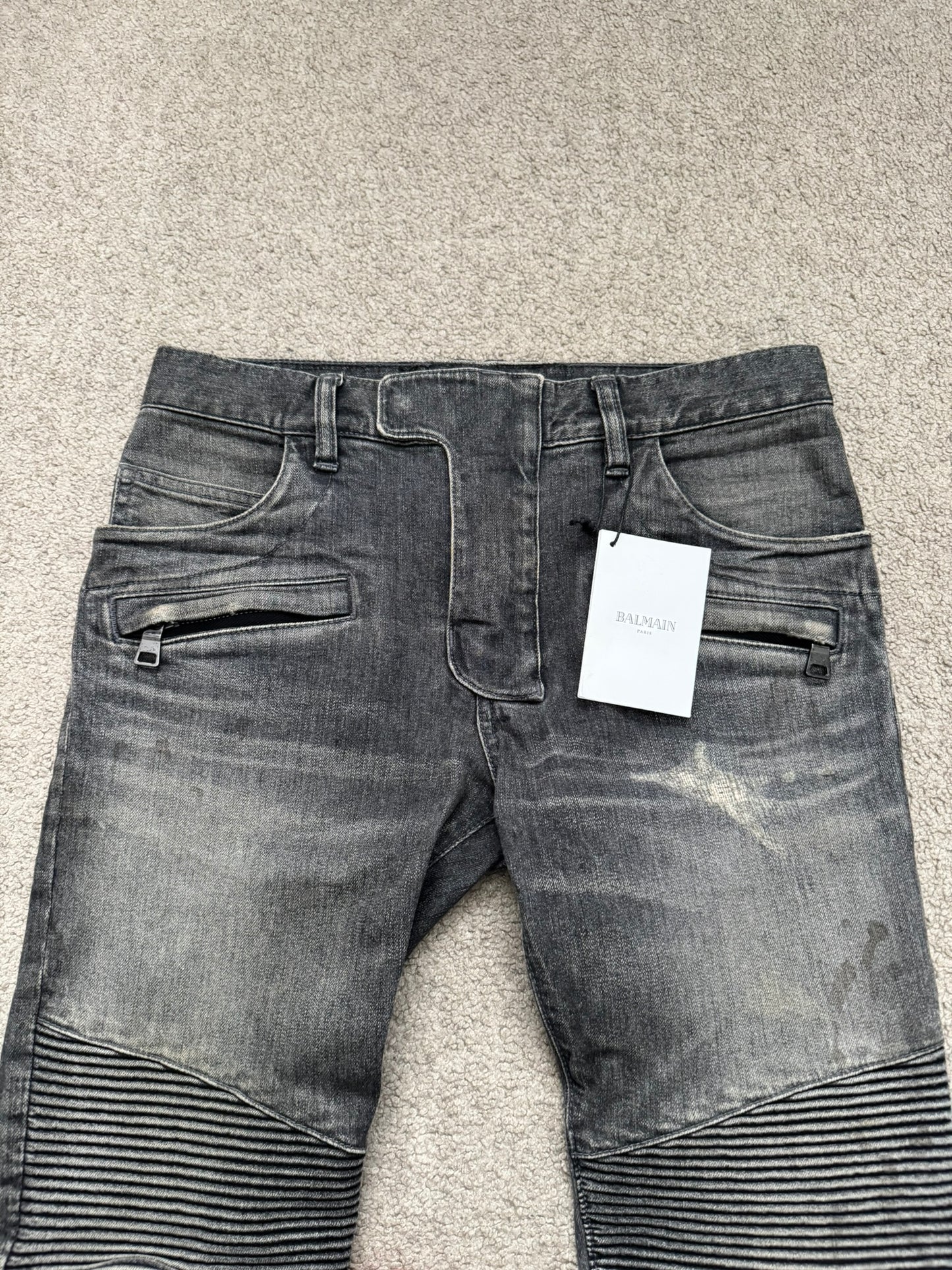 FW14 Balmain by Olivier Rousteing Padded Grey Zip Biker Denim Jeans