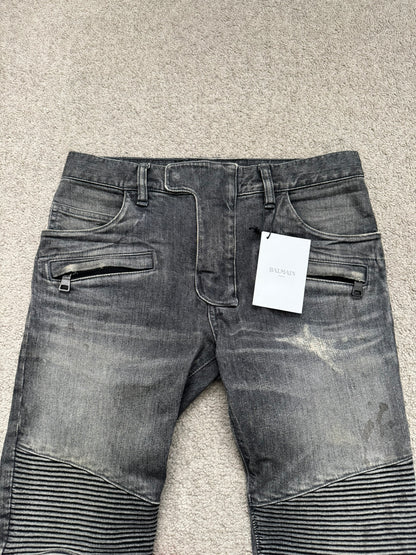 FW14 Balmain by Olivier Rousteing Padded Grey Zip Biker Denim Jeans