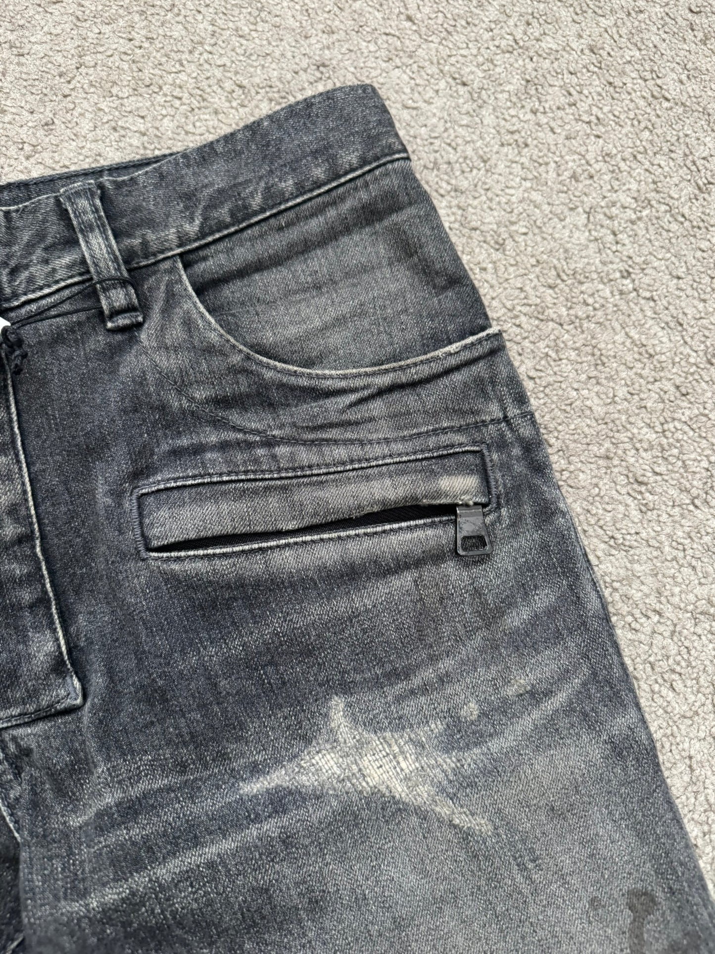 FW14 Balmain by Olivier Rousteing Padded Grey Zip Biker Denim Jeans