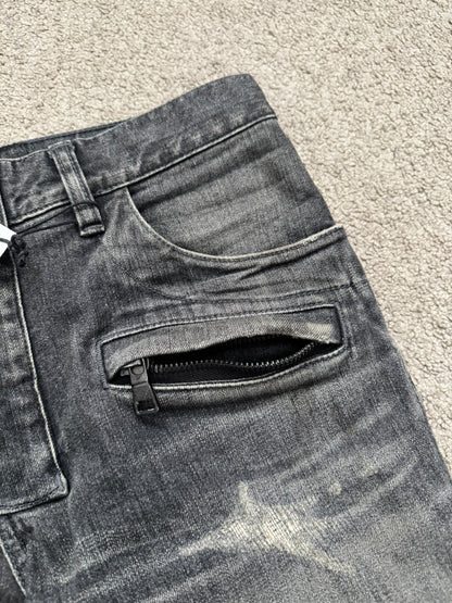 FW14 Balmain by Olivier Rousteing Padded Grey Zip Biker Denim Jeans