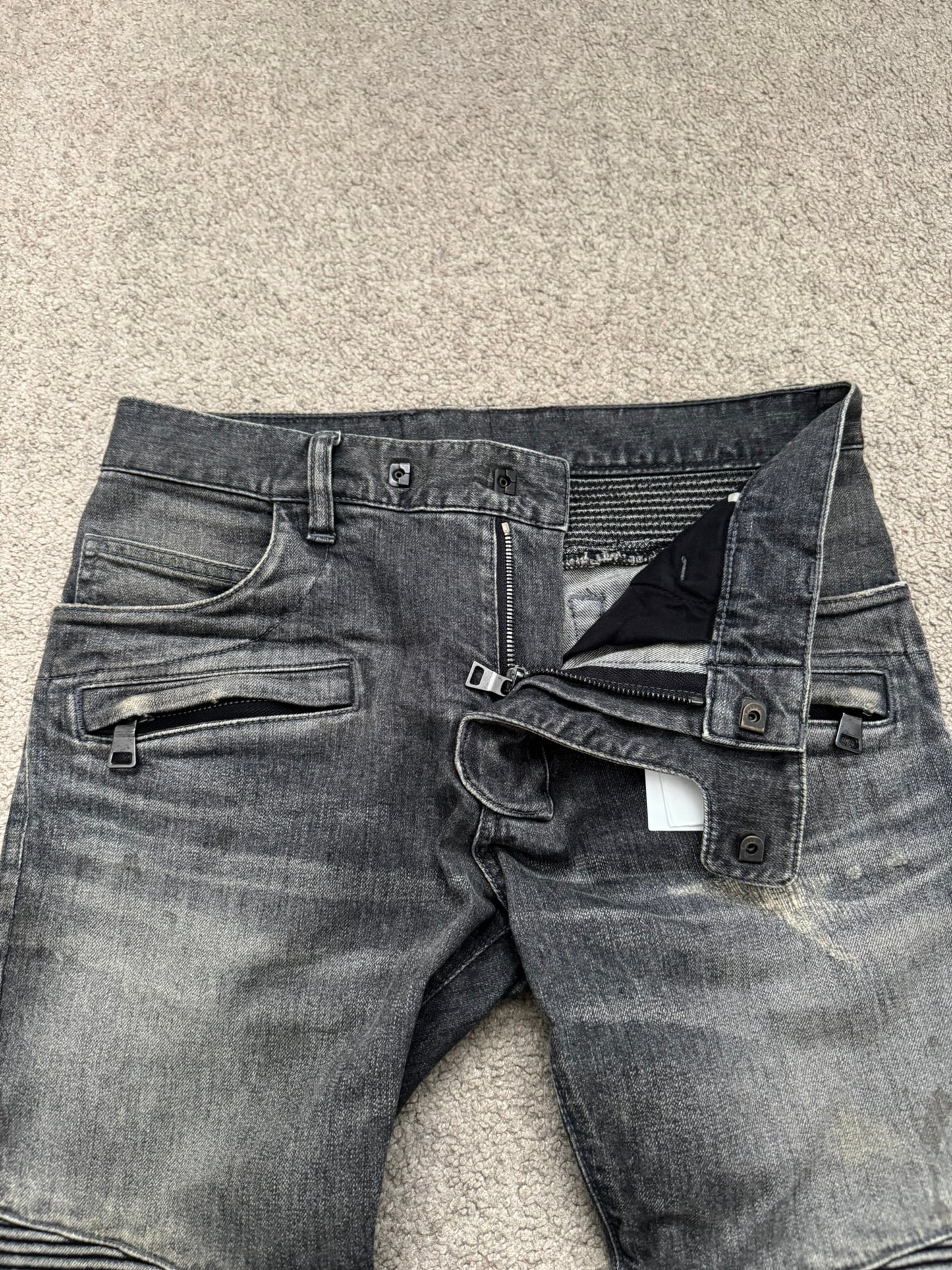 FW14 Balmain by Olivier Rousteing Padded Grey Zip Biker Denim Jeans