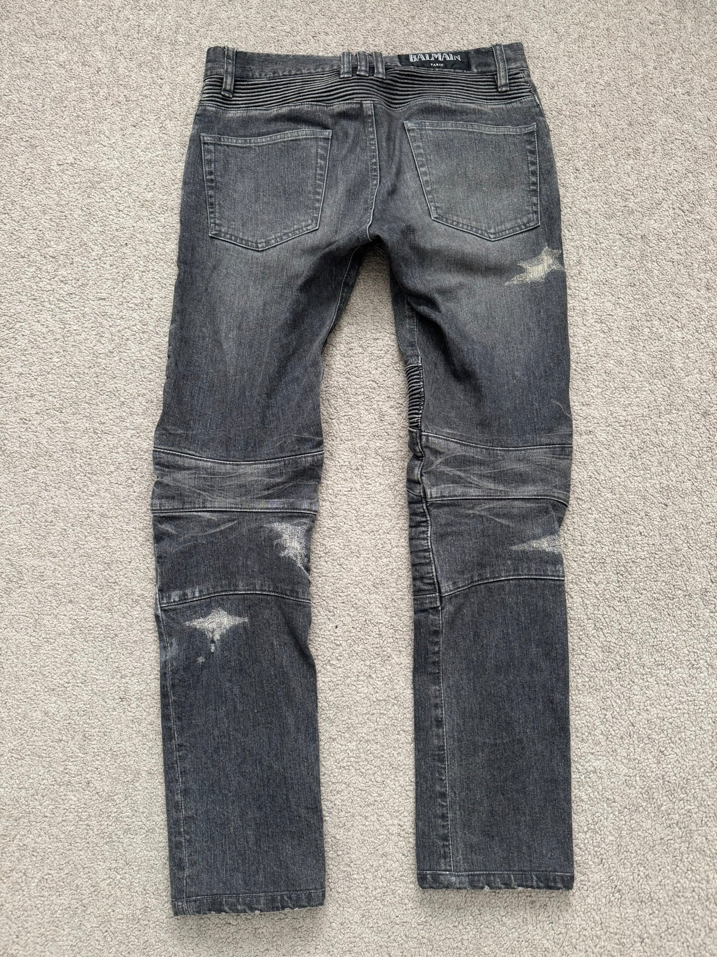FW14 Balmain by Olivier Rousteing Padded Grey Zip Biker Denim Jeans
