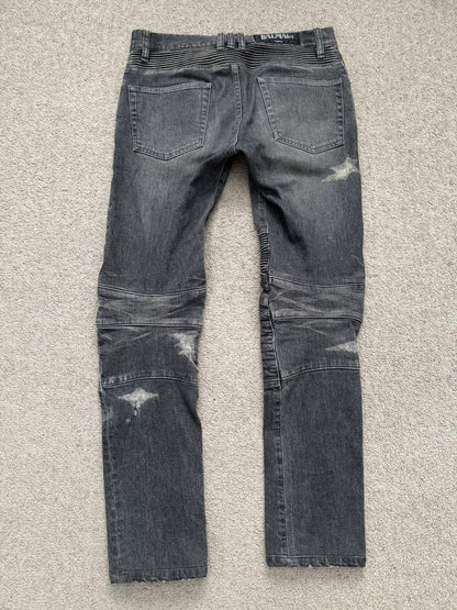 FW14 Balmain by Olivier Rousteing Padded Grey Zip Biker Denim Jeans