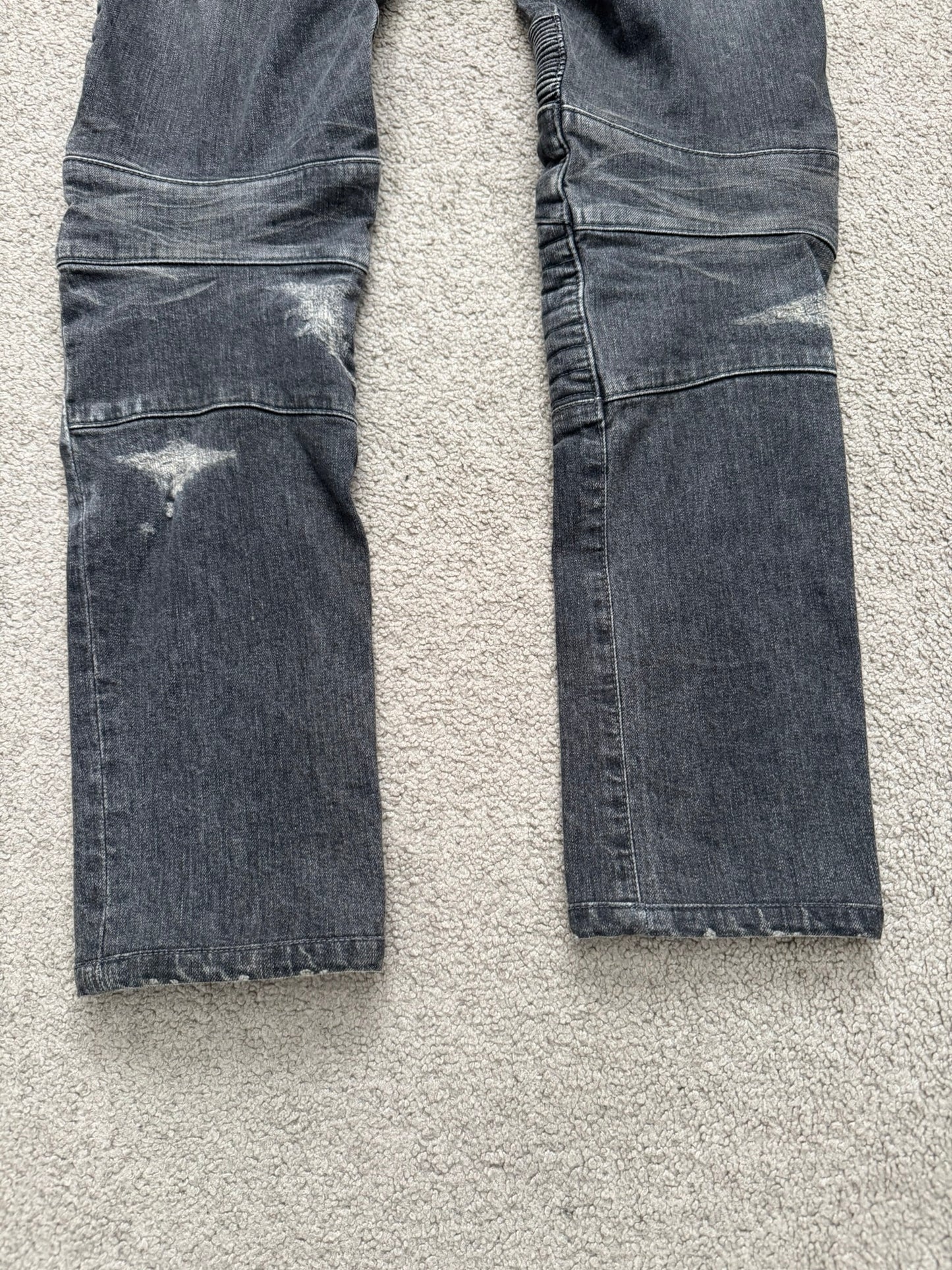 FW14 Balmain by Olivier Rousteing Padded Grey Zip Biker Denim Jeans